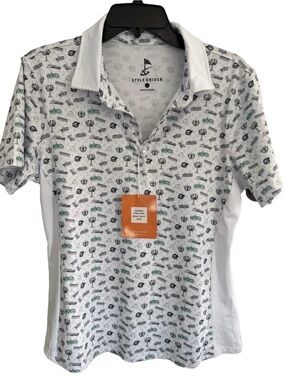 NWT Style Driver Womens World Amateur Golf Performance Polo Gray White (Large)